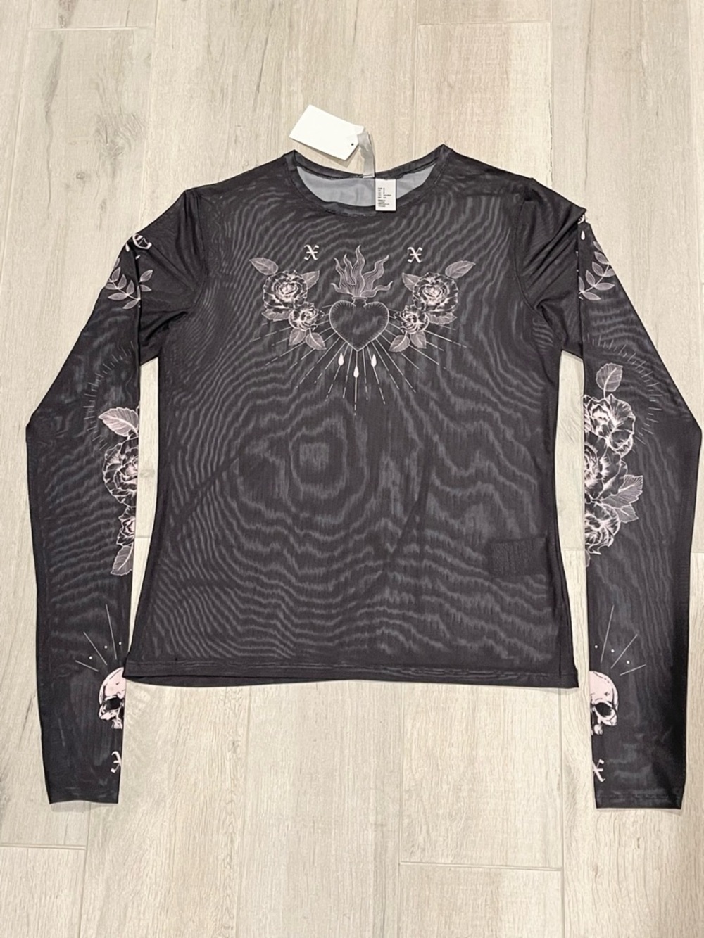 H&M DIVIDED Sheer Mesh Long Sleeve Top Black Gothic Heart Graphic Size S